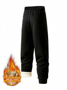 Men's Autumn/Winter Thermal Lined Elastic Waist Drawstring Pants, Breathable Sports Trousers - Black - View 3