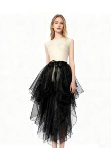 1pc Asymmetrical Hem Tuxedo Dress, Asymmetrical Mermaid Dress, Asymmetrical Puff Dress, Flowy Performance Dress, Glass-Like Maxi Dress, One-Piece Apron, Ruffled Layered Trailing Dress, Suitable For Weddings, Banquets, Performances, Parties, Bridal Party, Stage Shows, Cosplay, Travel Photography Props, Dance Recitals, Halloween Costumes Fall Clothes For Women