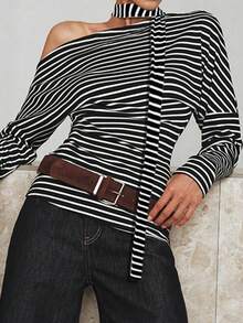 Top estivo da donna WOWDARK, T-shirt casual a maniche lunghe con spalle oblique a costine nera e bianca, adatta per feste di compleanno, feste, San Valentino, appuntamenti e altre occasioni - Bianco e nero - Visualizzare 10