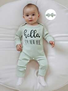 Newborn Baby Girls Rompers Knit Round Neck Long Sleeve Infant Fall Jumpsuits With Headband Coming Home Outfit - 綠色 - 查看 6