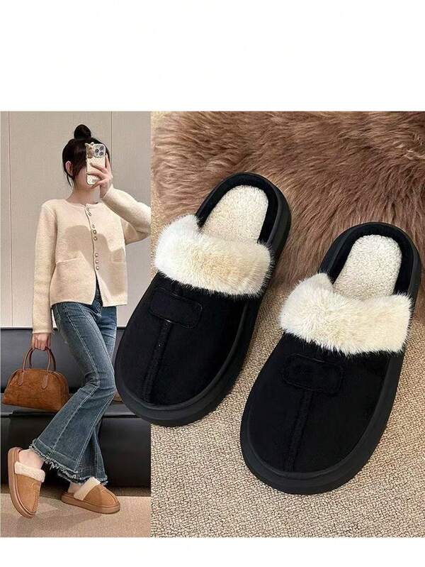 Black Fluffy Warm Slippers, Fashionable Home Wear For Autumn/Winter