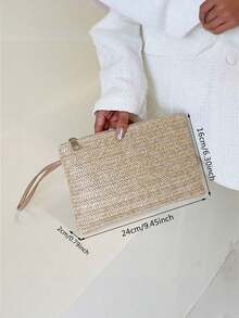 1 geantă elegantă de damă din paie țesută, cu închidere cu fermoar, poșetă în stil boho pentru plajă de vară, capacitate mare, perfectă pentru plajă sau ieșiri casual, pentru telefon, monede, depozitare chei