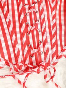 Apperloth A Apperloth 性感红色格子露脐上衣，女士束胸可爱露脐吊带背心，正面系带，可调节肩带，金属孔眼系带后背，不对称下摆，派对塑身衣，夏季夜店装 - 紅色格子 - 查看 6