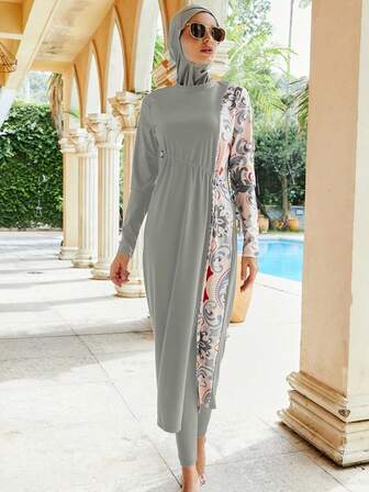 Women's Burkini Thermal Spring Detachable Arabic Printed 3 PiecesSwimsuit, Color Block, Modest Full Coverage Swimwear For Surfing And Diving, Sun Protection