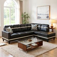 Black And White Modern 97"W L-Shaped Sectional Sofa Set, Synthetic Leather Right-Chaise Corner Couch, Tool-Free Assembly Modular Sleeper Sofa, Space Saving Multifunctional Living Room Furniture For Apartment And Office - 黑與白 - 查看 5