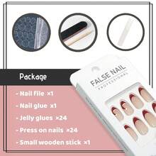 Nude Press On Nails Almond Shaped Fake Nails Medium Glossy Stick On Nail Natural Full Cover False Nail Acrylic Glue On Nails For Women - E-紅色和裸色 - 查看 4