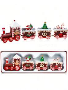 1 pieza Tren navideño con diseño pintado, decoración navideña de madera, mini árbol de Navidad, hombre de jengibre, decoración de tren navideño para fiestas navideñas, decoración de mesa (Papá Noel, rojo), Navidad - Multicolor - Ver 1