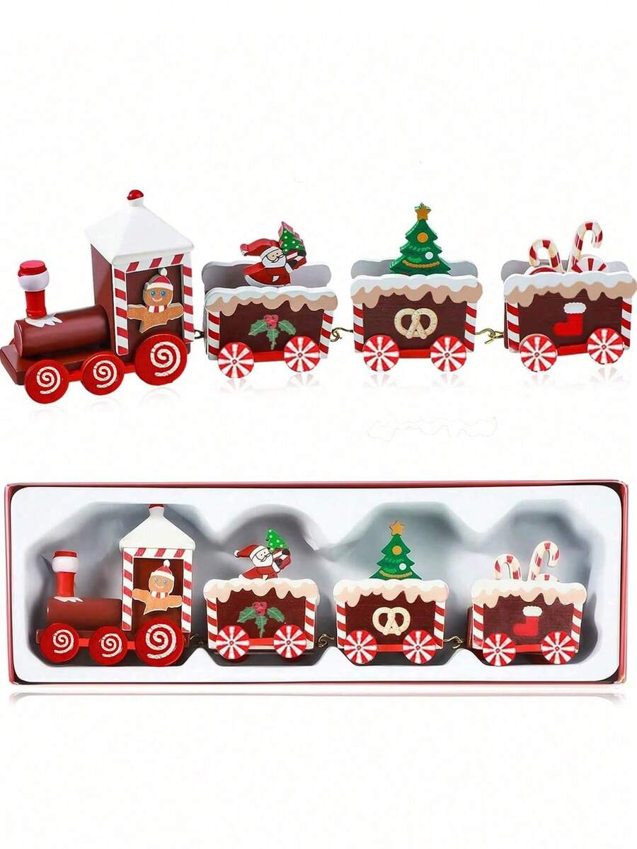1 pieza Tren navideño con diseño pintado, decoración navideña de madera, mini árbol de Navidad, hombre de jengibre, decoración de tren navideño para fiestas navideñas, decoración de mesa (Papá Noel, rojo), Navidad - Multicolor - Ver 1