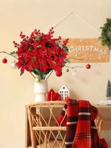 MEHELANY 24/12 Stück künstlicher Poinsettia Strauß, Poinsettia Busch, Weihnachtsblumen, Stechpalmenbeeren-Zweige mit roten Beeren und Stechpalmblättern für Zuhause, Veranda, Garten, Innen- und Außenbereich, Weihnachtsdekorationen, Kamine, Außenbereich-Pflanzkübel, Blumenarrangements, Tischzentren
