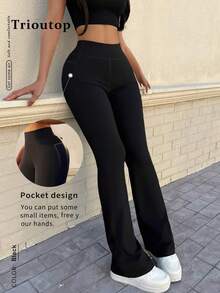 Trioutop Women's High Waisted Flare Leggings With Side Pockets, Phone Pocket Yoga Pants, Elastic Casual Sweatpants For Running - Black - View 5