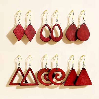 6 Pairs/Set Retro Wine Red Minimalist Geometric Wooden Pendant Earrings, Women's Fashion Versatile Personalized Lightweight Wooden Earrings, Suitable For Daily Wear, Vacation, Holidays, Gifts, Creative Earrings