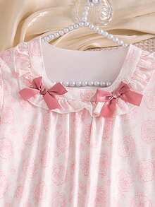 Tween Girl Elegant And Sweet Rose Pattern Long Sleeved Square Collar Bow Design Home Clothes Nightgown, Comfortable Fabric, Very Suitable For Daily Casual Wear