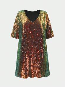 Đầm dạ hội/tiệc tùng nữ mùa hè mới, kiểu dáng châu Âu và Mỹ, cổ tròn, thanh lịch, dáng rộng, thoải mái, đính sequin. - Đen và vàng - Xem 2