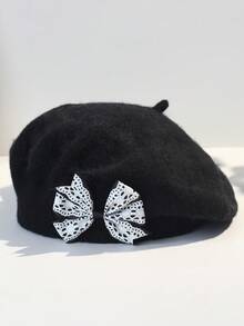 1 件女士彩色蝴蝶结花朵羊毛纯色贝雷帽，休闲百搭