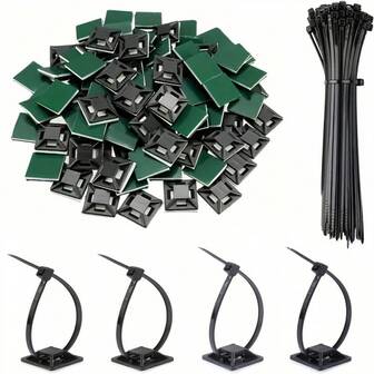 80 piezas de bridas adhesivas y anclajes de pared - Clips de gestión de cables para sujetar cables de forma segura, negro/blanco