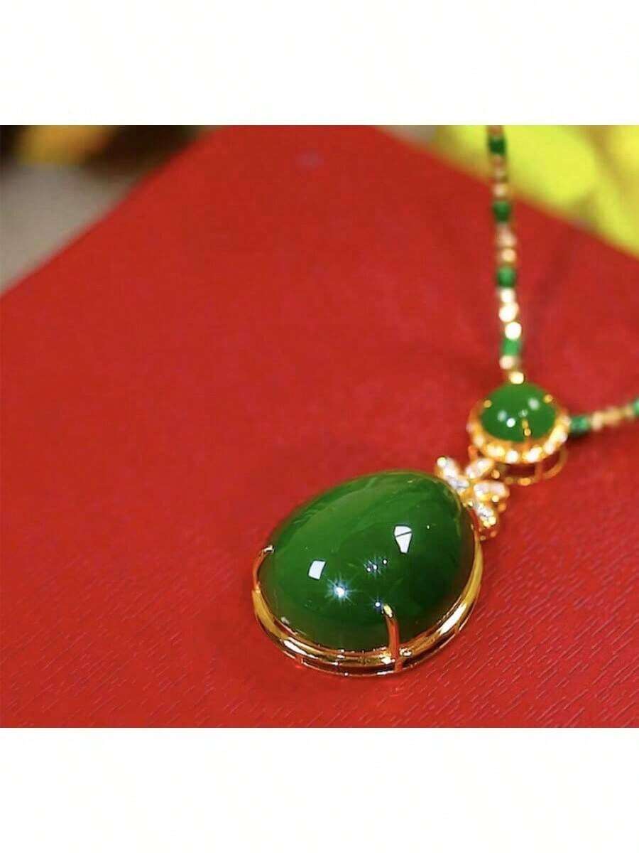 Spinach Green Old Material Imitation Agate Jade Stone-Shaped Pendant Genuine Sterling Silver Inlaid Natural Jade Pendant Necklace Women - 81號吊墜項鍊 - 查看 1