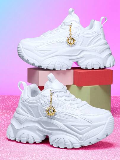7cm Elevated Women's Casual Sports Shoes With 3D Metal Sunflower Decor Chain, EVA Thick Sole High-Platform White High Heel Sneakers, Lightweight Shock-Absorbing Non-Slip Breathable Mesh Summer Sandals, Round Toe Lace-Up Casual Shoes For College Students, Teens, Daily, Dating, Workout, Office, Platform Sneakers