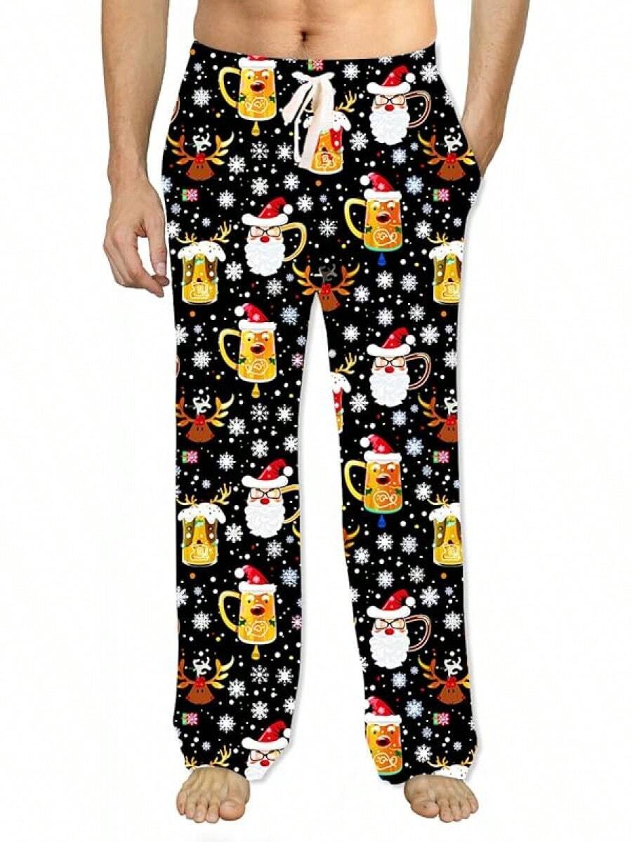 Mens Pajama Pants Christmas Halloween Sleepwear Lounge Pjs Pants With Pocketshalloween - 聖誕啤酒精靈 - 查看 1