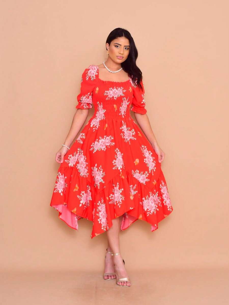 Helena Midi Dress With Printed Crepe Lastex Stitch And Short Sleeves - 紅色 - 查看 1
