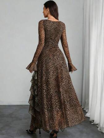 Plus Size Women's Leopard Print Square Neck Long Sleeve Ruffle Hem Elegant Dress