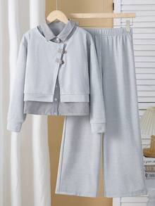3pcs/Set Girls' Casual Minimalist Daily Comfortable Versatile Gray Shirt And Gray Pants Set, Spring/Autumn - Grey - View 1