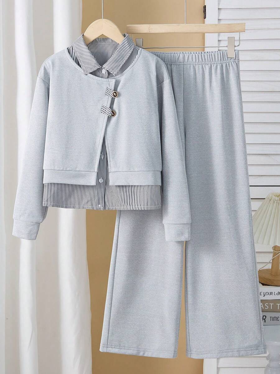 3pcs/Set Girls' Casual Minimalist Daily Comfortable Versatile Gray Shirt And Gray Pants Set, Spring/Autumn - Grey - View 1
