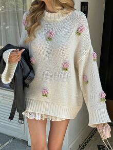 Just Masa Damen Winter Neue Lässige Weiße Locker Bestickte Blumen Alltagskleidung Süßer Rundhals Langarm Strickpullover, Weiß - Weiss - Übersicht 7