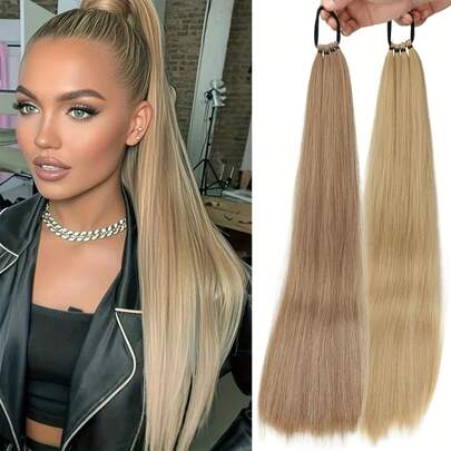 24英寸长直马尾假发，带弹力发圈，合成纤维材质，可DIY编织马尾，女士假发，金色/棕色可选