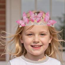 Diadema de corona para niñas, diadema con mariposa y brillantes diamantes de imitación, accesorio para el cabello, ideal para fiestas. - Rosa - Ver 4