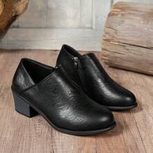 Bottes de cheville décontractées à talon épais avec fermeture éclair latérale pour femmes en automne/hiver, bottes Chelsea à talon épais, bottes de moto, bottes d'équitation, bottes d'hiver, bottes pour femmes, chaussures d'hiver, talons hauts noirs - PU noir - Voir 9