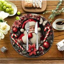 4/6/8 pièces Sets de table de Noël - Série bleue d'hiver de Noël, sapin de Noël, couronne, Père Noël, motif floral, sets de table, lavage à la main uniquement, décoration de table à dîner ronde d'hiver, décoration de cuisine et de salle à manger pour fête - 36 cm