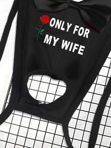 情人节男士性感舒适镂空蝴蝶结玫瑰字母印花丁字裤 - 黑色 - 查看 5