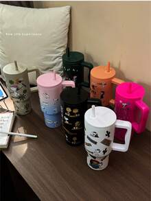 1pc Snoopy 900ML Large Capacity Insulated Tumbler, Outdoor Portable Travel Cooling Water Bottle, Stainless Steel Car Cup, Coffee Mug With Stainless Steel Straw - Multicolor - View 11