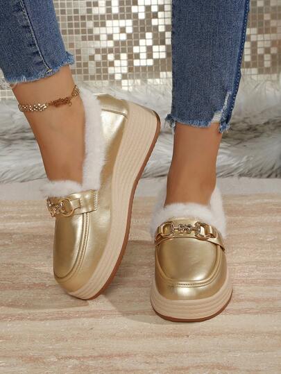 بوت نسائية مبطنة سهلة الارتداء، بوت شتوية دافئة ذات لون أحادي، بوت بكعب سميك وقاعدة سميكة، بوت شتوية بوهيمية مزينة بفرو مصنع وقطع معدنية