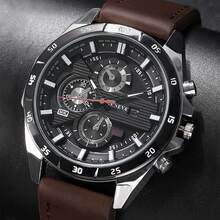 New Fashion Men's Calendar Leather Belt Business Quartz Watch, Outdoor Sports Versatile Casual Minimalist Fake Three-Eye Male Wrist Watch, Holiday Gift