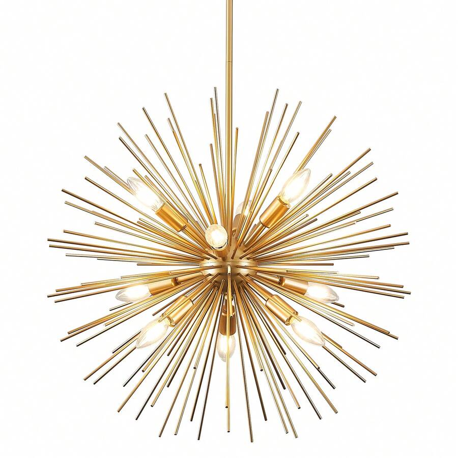 Sputnik Chandelier Solid Metal Starburst Chandelier Light Fixture 9-Light Mid-Century Modern Satellite Light Fixture For Living Room Dining Room Foyer Study Room Bathroom,E12 - Gold - View 1