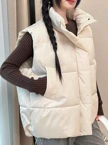 Chaleco de algodón con relleno de plumón para mujer - Nuevo estilo para primavera/otoño Chaleco sin mangas de corte holgado inspirado en Corea con cuello alto Chaleco sin mangas de algodón de color liso Chaleco exterior para mujer Cazadoras para Mujer Abrigos de Invierno para Mujer - Blanco - Ver 5