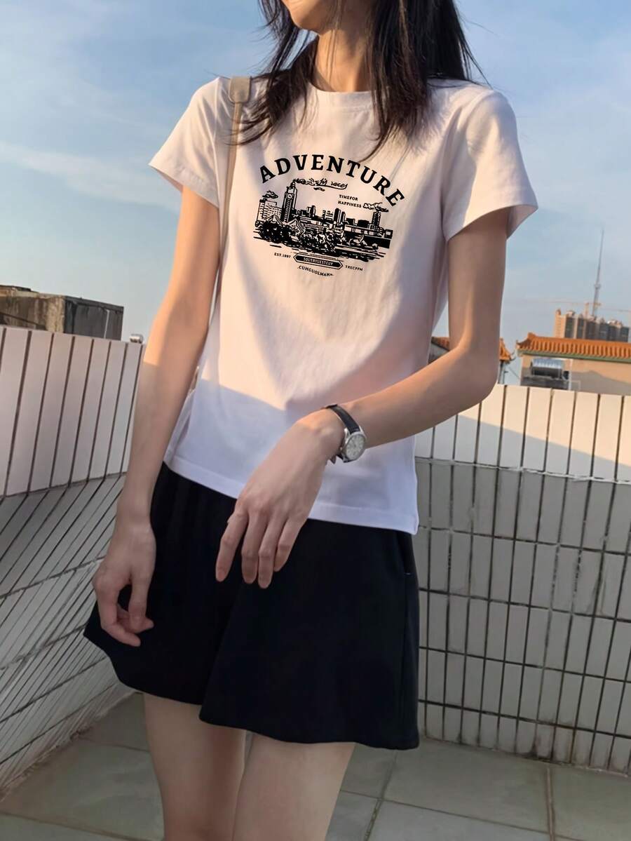 Camiseta de Manga Corta Estilo Y2K para Mujer - Alta Elasticidad, Corte Entallado, Estampado Gráfico de Dibujos Animados, Cuello Redondo, Largo Corto, Top Casual de PrimaveraVeranoOtoño, Ropa Casual  Moda Y2K  Tejido Elástico, Camiseta para el Parque con Diseño de Dinosaurio, Roma, Camiseta para Mujer, Top para Mujer con Estilo