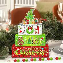 クリスマス ティアードトレイ デコレーションセット カラフルなクリスマスツリー/キャンディケイン 木製ファームハウス クリスマスデコレーション ホームamp;パーティー用 - カラフル - チェックする 4