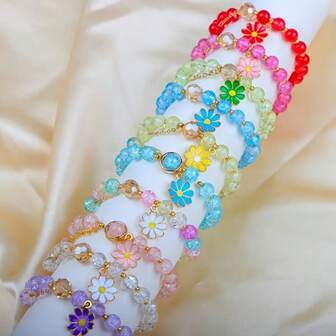 Women's Floral Charm Elastic Bracelet, Mixed Daisy Design, Faux Pearls, Stretchy Strap, Suitable For Daily Wear And Parties, Valentine's Day Jewelry Gift Set, Seasonless Cute And Charming Style, Randomly Matched