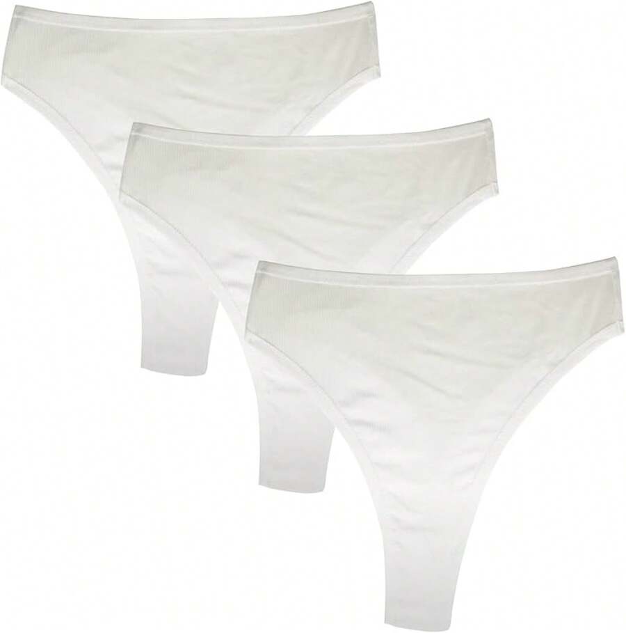 High Waisted Cotton Thongs For Women, Breathable Plus Size Multipack - 白色*3 - 查看 1
