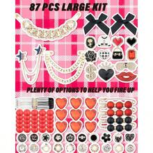 85 Pcs Junk Socks Charms Kit, Black And Red Charms Socks, Brooches And Pins Women, ShoeCharms With Bows, Sneakers Kit With Pearls Rhinestones Chains - Đen và Đỏ - Xem 4