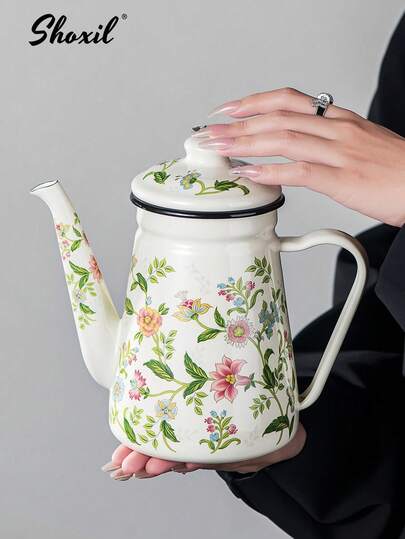 shoxil 1 ADET 1,2 L Çiçek Desenli Emaye Döküm Su Isıtıcısı, Büyük Kapasiteli Dar Ağızlı Kahve Potu, Çaydanlık, Gazlı/Elektrikli Ocaklar İçin Isıya Dayanıklı (Vintage Stil, Ev/Kafe/Hediyelik Kullanım)