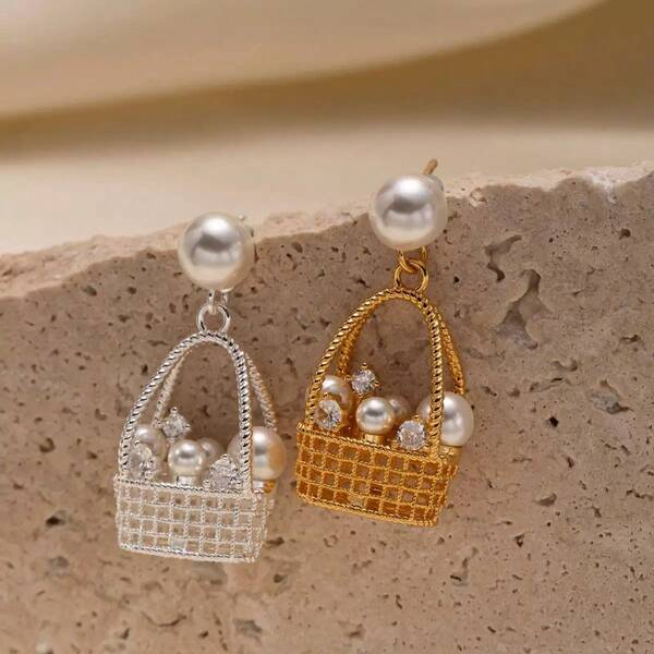 Vintage European Style High-End Faux Pearl & Zirconia Flower Basket Pendant Earrings For Women, Elegant Autumn/Winter Earrings