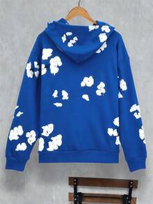 One Piece Set Denim Flower Puff Print Hoodie, Polyester Graphic Vintage Pullover Streetwear Voor Men - 藍色 - 查看 4