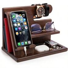 Wooden Phone Charging Stand, Table Or Bedside Table Organizer, Key Rack, Glasses, Watch And Essentials Storage, Wooden Storage Shelf, Christmas Gift - 棕褐色 - 查看 10