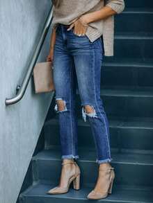 Women's Knee Ripped Frayed Hem Stretchy Skinny Denim Jeans - Medium Wash - View 5