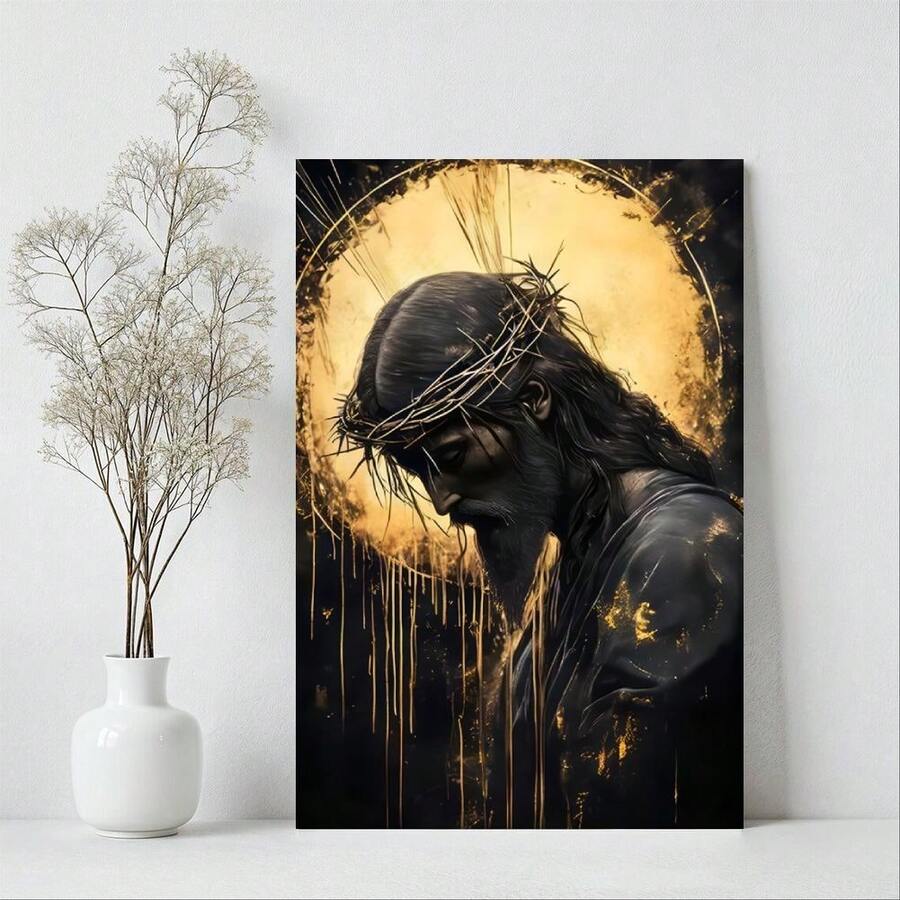 1pc Framed Canvas Wall Art, Jesus Crown Of Thorns Jesus Praying Modern Christian Art Print Canvas Poster Painting Wall Decor, Ideal Gift For Bedroom Living Room Hallway Dorm, Ready To Hang - 彩色 - 查看 1