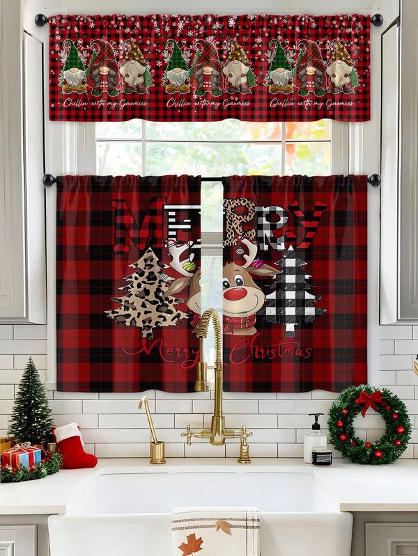 1 pieza Cortina decorativa navideña para ventana de cocina con muñeco de nieve, reno y árbol de Navidad, cortina transparente con ojales, adecuada para sala de estar, dormitorio, puerta y cocina, reduce el ruido, decoración navideña (peso de la tela 120g)
