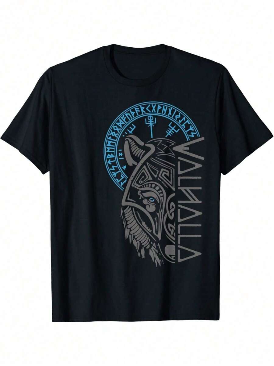 Outdoor Men'S Crew Neck T-Shirt, Comfortable And Breathable, Valhalla Wolf Head Odin Rune Nordic Compass Viking T-Shirt, Versatile - 黑色 - 查看 1